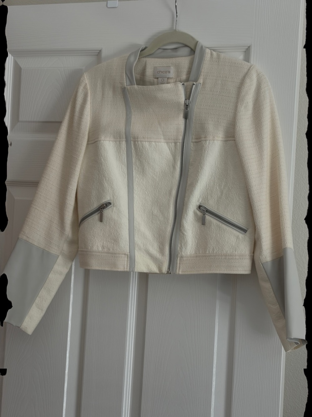 Chico's Ivory-Cream Mixed-Media Zip Front Jacket